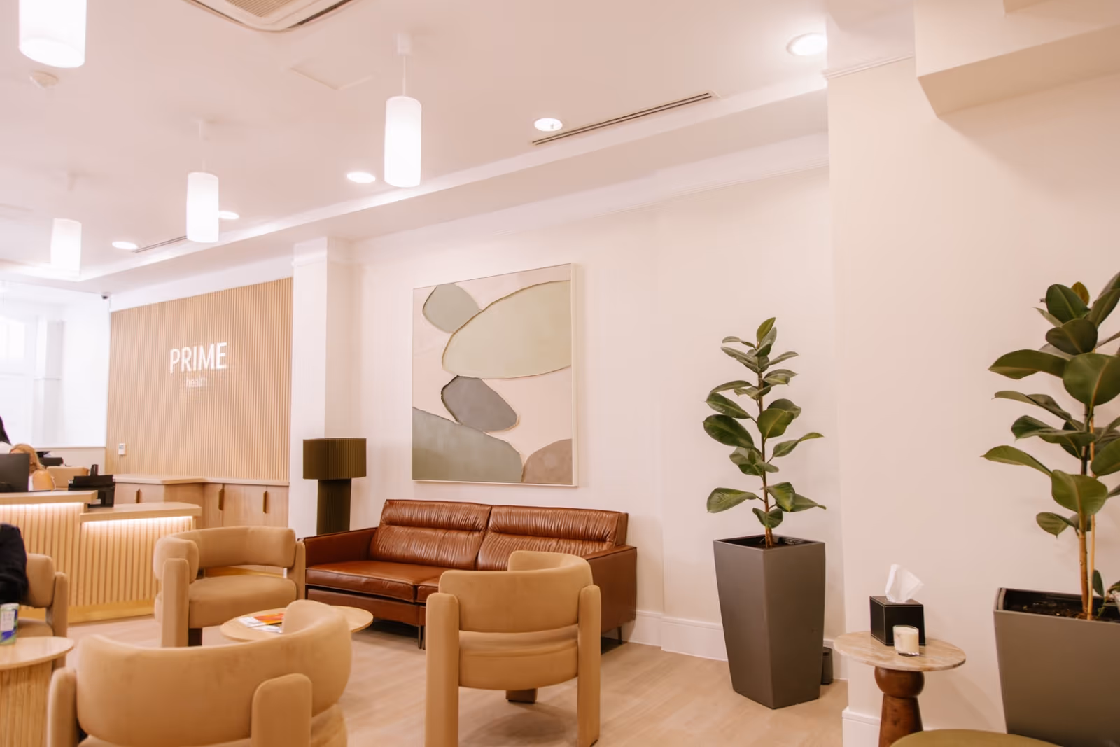 The patient lounge, with seating, artwork and plants