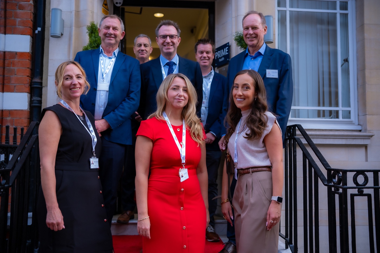 The Prime Health team on the steps of 45 Queen Anne Street at the relaunch